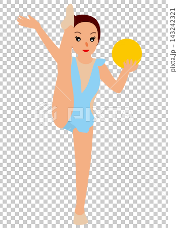 一幅插圖,描繪了一名女子藝術體操運動員單腿站立,一手拿著球,一手在臉前垂直擺動一條腿。 一幅插圖,描繪了一名女子藝術體操運動員單腿站立,一手拿著球,一手在臉前垂直擺動一條腿。 143242321