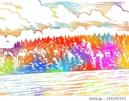 Vector illustration of beautiful colored summer landscape field and the forest. Hand drawn. Not AI Vector illustration of beautiful colored summer landscape field and the forest. Hand drawn. Not AI 143242553