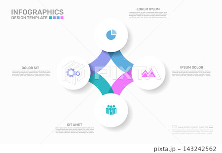 Circular infographics template with colorful steps and business icons for process workflow design. Vector illustration. Circular infographics template with colorful steps and business icons for process workflow design. Vector illustration. 143242562