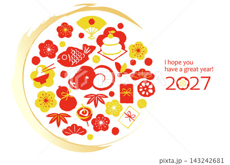 お正月のいろいろなものとひつじ 2027年賀状 お正月のいろいろなものとひつじ 2027年賀状 143242681