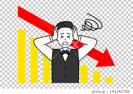 一位男餐廳員工對股價下跌的趨勢感到擔憂。 一位男餐廳員工對股價下跌的趨勢感到擔憂。 143242780