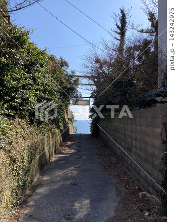 コンクリート塀の間から池島の海へ下る細い路地 143242975