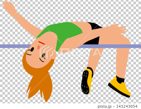 陸上女子選手・走り高跳びの選手がバーをクリアするシーンのイラスト 陸上女子選手・走り高跳びの選手がバーをクリアするシーンのイラスト 143243054