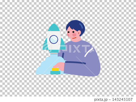 An illustration of a businessman pressing the switch on a rocket. An illustration of a businessman pressing the switch on a rocket. 143243107