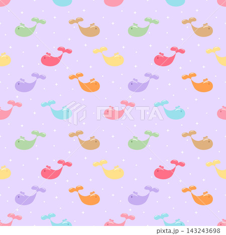 Kawaii Colorful Whale Seamless Pattern with Stars on Light Lavender Background 143243698