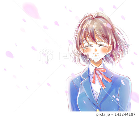 ブレザーの女子学生　笑顔　にこにこ　涙　バストアップ　桜吹雪 143244187