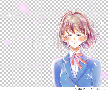 ブレザーの女子学生　笑顔　にこにこ　涙　バストアップ　桜吹雪 143244187
