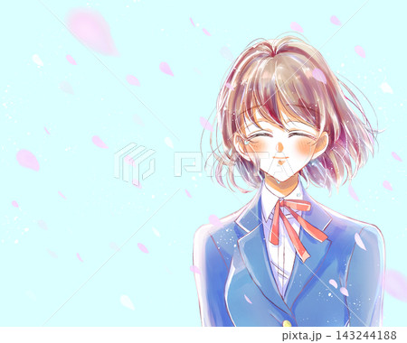 ブレザーの女子学生　笑顔　にこにこ　涙　バストアップ　桜吹雪 143244188