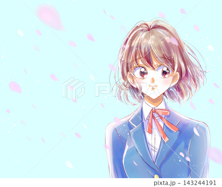 ブレザーの女子学生　笑顔　バストアップ　桜吹雪 143244191