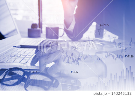 Business man on digital stock market financial indicator background. Digital business and stock market financial indicator on LED. Double exposure of business man and digital stock market financial. 143245132