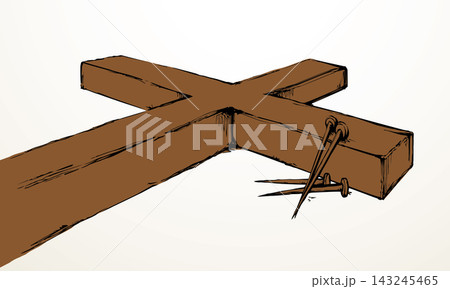 Wooden cross and iron nails. Vector drawing 143245465