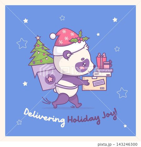 Kawaii Panda Courier in Santa Hat Running Fast with Christmas Tree in Backpack and Parcel, Present Boxes Square Card with Slogan Cute Bear Mascot. Holiday Express Delivery Service. Vector Illustration 143246300