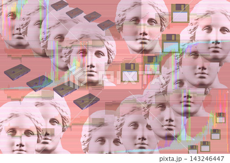 Vaporwave collage with ancient Venus bust, retro audio cassettes and floppy disks with glitch effect. Surreal pink background in 80s 90s nostalgia style for modern graphic design. Vaporwave collage with ancient Venus bust, retro audio cassettes and floppy disks with glitch effect. Surreal pink background in 80s 90s nostalgia style for modern graphic design. 143246447