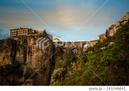 Puente Nuevo bridge and waterfall in El Tajo gorge seen from below, Ronda Puente Nuevo bridge and waterfall in El Tajo gorge seen from below, Ronda 143246641
