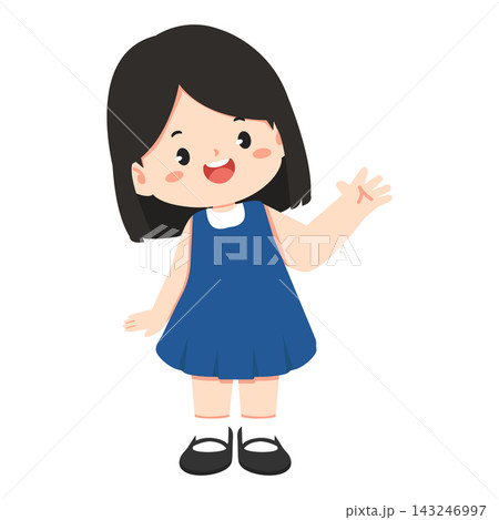 Cute Little Girl Waving Hand Wearing Blue Dress 143246997