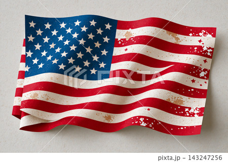 folded vintage american flag with distressed textile appearance, clean geometric 143247256