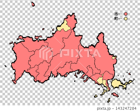 Yamaguchi Prefecture Map: City/Town Color (Brushstroke Style) - Japanese Style 143247284