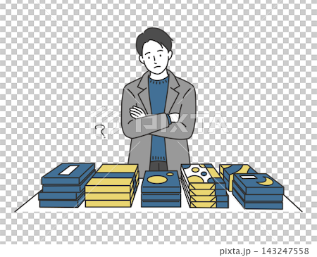 An illustration of a man struggling to decide what to buy at a souvenir shop in a train station or airport. 143247558