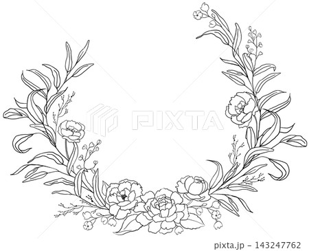 Round floral wreath with hand drawn leaves and flowers, black lines Botanical isolated illustration Round floral wreath with hand drawn leaves and flowers, black lines Botanical isolated illustration 143247762