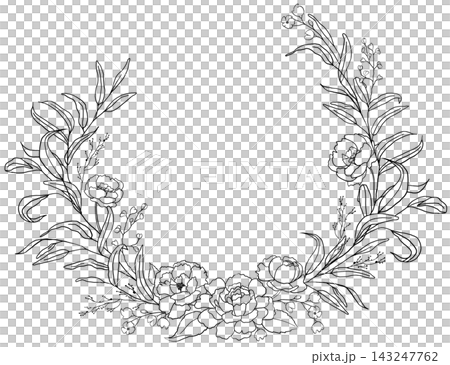 Round floral wreath with hand drawn leaves and flowers, black lines Botanical isolated illustration Round floral wreath with hand drawn leaves and flowers, black lines Botanical isolated illustration 143247762