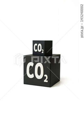 CO2 cubes on a white background. Carbon dioxide represents climate impact, industrial emissions, sustainability targets and environmental monitoring. Emissions levels and environmental pollution. 143248002