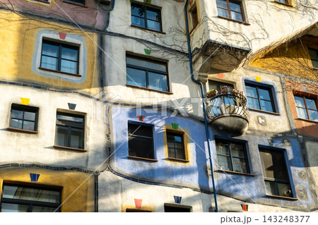 Colorful exterior design and irregular windows of Kunst Haus Wien architecture Colorful exterior design and irregular windows of Kunst Haus Wien architecture 143248377