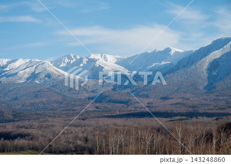 晩秋の晴れた日の雑木林と冠雪の山並み 十勝岳 晩秋の晴れた日の雑木林と冠雪の山並み 十勝岳 143248860