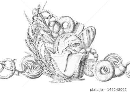 A group of baked goods surrounded by wheat ears in a seamless border design. An isolated pencil illustration suitable for bakeries, restaurants, cooking schools, packaging, menus, artisanal shops. 143248965