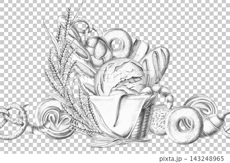 A group of baked goods surrounded by wheat ears in a seamless border design. An isolated pencil illustration suitable for bakeries, restaurants, cooking schools, packaging, menus, artisanal shops. 143248965