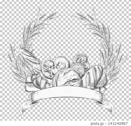 Pencil sketch: a wreath of wheat ears containing bread rolls, with a ribbon banner at the bottom. Isolated illustration for a confectionery, farmers' market, bakery, restaurant, menu, label,packaging. Pencil sketch: a wreath of wheat ears containing bread rolls, with a ribbon banner at the bottom. Isolated illustration for a confectionery, farmers' market, bakery, restaurant, menu, label,packaging. 143248967