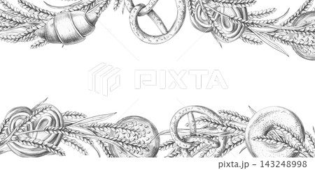 Assorted bread rolls set against wheat stalks within a rectangular frame. An isolated pencil-style illustration suitable for a bakery, catering service, pastry shop, restaurant, or food blog. Assorted bread rolls set against wheat stalks within a rectangular frame. An isolated pencil-style illustration suitable for a bakery, catering service, pastry shop, restaurant, or food blog. 143248998