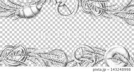 Assorted bread rolls set against wheat stalks within a rectangular frame. An isolated pencil-style illustration suitable for a bakery, catering service, pastry shop, restaurant, or food blog. Assorted bread rolls set against wheat stalks within a rectangular frame. An isolated pencil-style illustration suitable for a bakery, catering service, pastry shop, restaurant, or food blog. 143248998