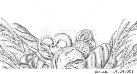 Fresh loaves of bread set against wheat stalks within a rectangular frame. An isolated pencil illustration suitable for a bakery, catering service, pastry shop, restaurant, or food blog. 143249001