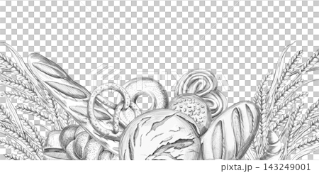 Fresh loaves of bread set against wheat stalks within a rectangular frame. An isolated pencil illustration suitable for a bakery, catering service, pastry shop, restaurant, or food blog. 143249001
