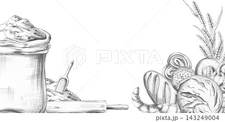 A sack of flour and baked goods inside a rectangular frame. An isolated pencil-style illustration suitable for a bakery, restaurant, food blog, food delivery service, or agricultural company. A sack of flour and baked goods inside a rectangular frame. An isolated pencil-style illustration suitable for a bakery, restaurant, food blog, food delivery service, or agricultural company. 143249004