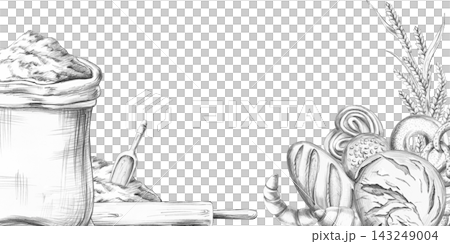 A sack of flour and baked goods inside a rectangular frame. An isolated pencil-style illustration suitable for a bakery, restaurant, food blog, food delivery service, or agricultural company. A sack of flour and baked goods inside a rectangular frame. An isolated pencil-style illustration suitable for a bakery, restaurant, food blog, food delivery service, or agricultural company. 143249004