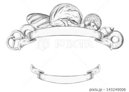 Shaped frame featuring baked goods and a ribbon for text. An isolated pencil-style illustration suitable for bakeries, food delivery services, kitchen textiles, and menus. Shaped frame featuring baked goods and a ribbon for text. An isolated pencil-style illustration suitable for bakeries, food delivery services, kitchen textiles, and menus. 143249006