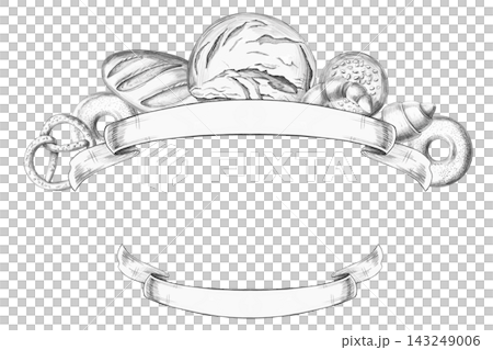 Shaped frame featuring baked goods and a ribbon for text. An isolated pencil-style illustration suitable for bakeries, food delivery services, kitchen textiles, and menus. Shaped frame featuring baked goods and a ribbon for text. An isolated pencil-style illustration suitable for bakeries, food delivery services, kitchen textiles, and menus. 143249006