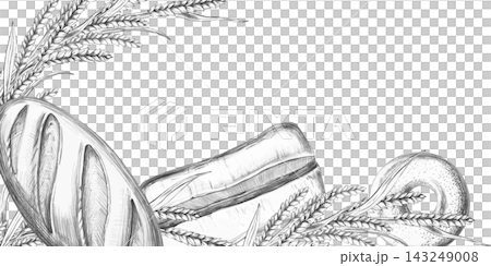 A rectangular frame featuring wheat stalks, a loaf of bread, ciabatta, and a bagel. An isolated pencil-style illustration suitable for bakeries, food delivery services, kitchen textiles, and menus. 143249008