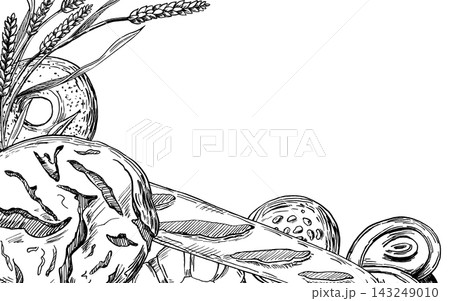 A rectangular frame featuring wheat stalks, a loaf of bread, and a baguette. A vector illustration suitable for decorating bakeries, food delivery services, kitchen textiles, menus, culinary blogs. 143249010