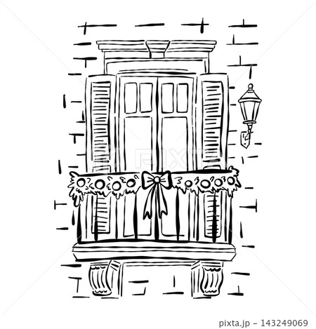 Christmas Balcony Building Facade Winter Holiday Line Art Illustration Christmas Balcony Building Facade Winter Holiday Line Art Illustration 143249069
