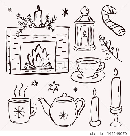 Cozy Christmas Fireplace, Candle and Tea Doodle Set Cozy Christmas Fireplace, Candle and Tea Doodle Set 143249070