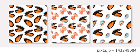 Orange Mussel Seashell Seamless Pattern Collection Seafood Food Design Orange Mussel Seashell Seamless Pattern Collection Seafood Food Design 143249084