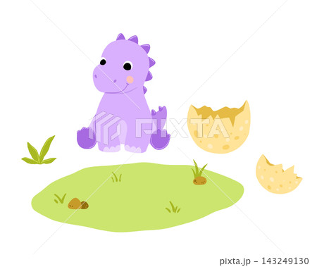 Cute cartoon baby dinosaur and egg, vector flat childish illustration for kids. Dino character for nursery decor, children 143249130