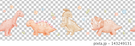 Seamless border cute baby dinosaurs in pink and beige colors. Watercolour repeating nursery banner for kids. Colorful isolated childish illustrations Seamless border cute baby dinosaurs in pink and beige colors. Watercolour repeating nursery banner for kids. Colorful isolated childish illustrations 143249131
