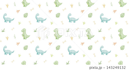Seamless pattern with cute blue and green dinosaurus. Watercolour childish print for wallpaper, fabric and carpet, prehistoric background. 143249132
