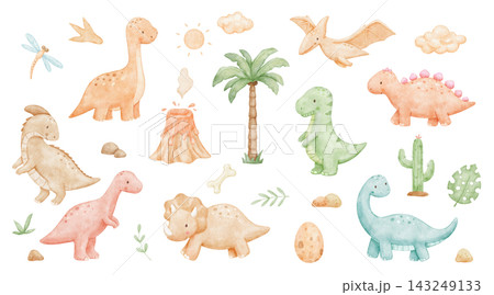 Cute dinosaurs set. Colorful watercolour t-rex, velociraptor and brontosaurus with egg and palm tree for childish graphic design projects. Nursery collection 143249133