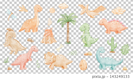 Cute dinosaurs set. Colorful watercolour t-rex, velociraptor and brontosaurus with egg and palm tree for childish graphic design projects. Nursery collection 143249133