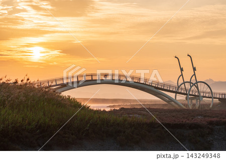 Sunrise Dawn over Misaeng Bridge with Water Reflection in Siheung Wetland, South Korea 143249348