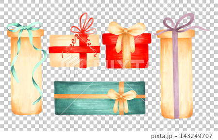Collection of gift boxes adorned with bows. Hand-draw watercolor illustration. For New Year and holiday designs, decorating greeting cards and invitations for Christmas and the winter holidays. Collection of gift boxes adorned with bows. Hand-draw watercolor illustration. For New Year and holiday designs, decorating greeting cards and invitations for Christmas and the winter holidays. 143249707